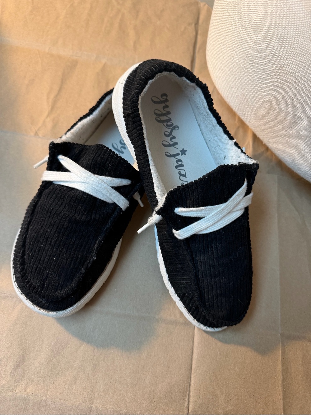 Gypsy Jazz Black Corduroy Loafers with White Laces